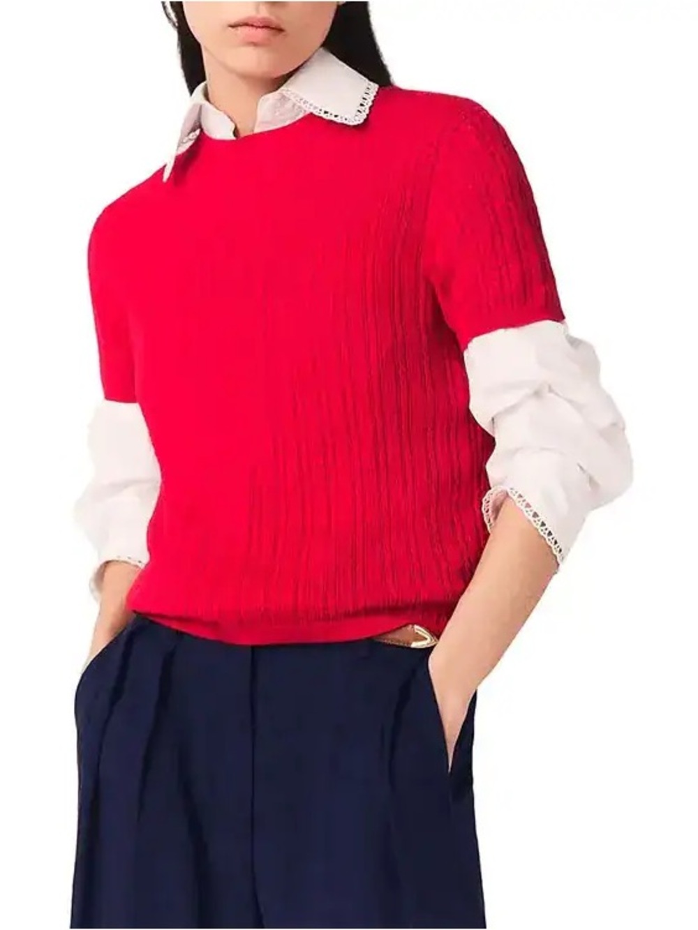 Maje Red Cable-Knit Pointelle Short Sleeve Sweater NWT Size T1